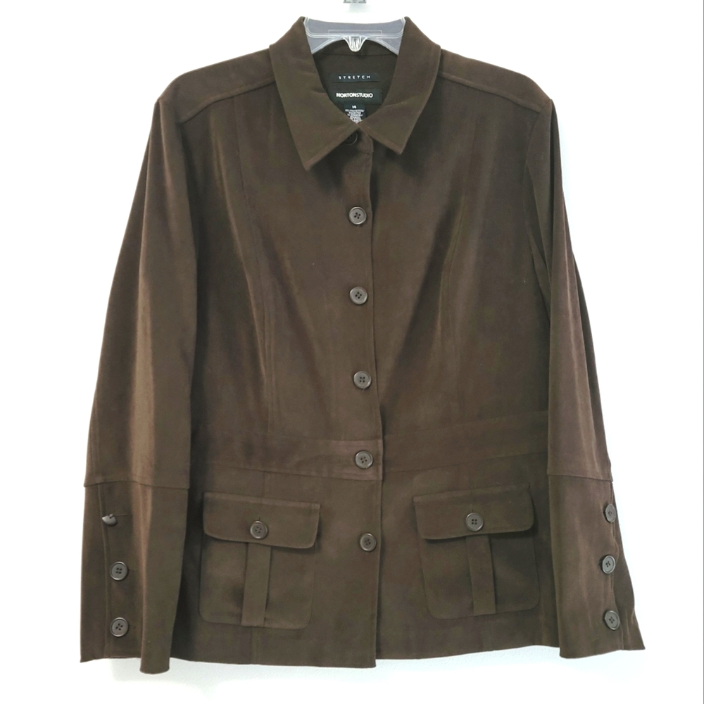 Norton Studio Brown Faux Suede Collared Suit Jacket Size 14
